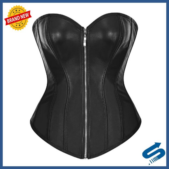 Faux Leather Bustier Corset Top with Zipper Front Boned for Hourglass Shape